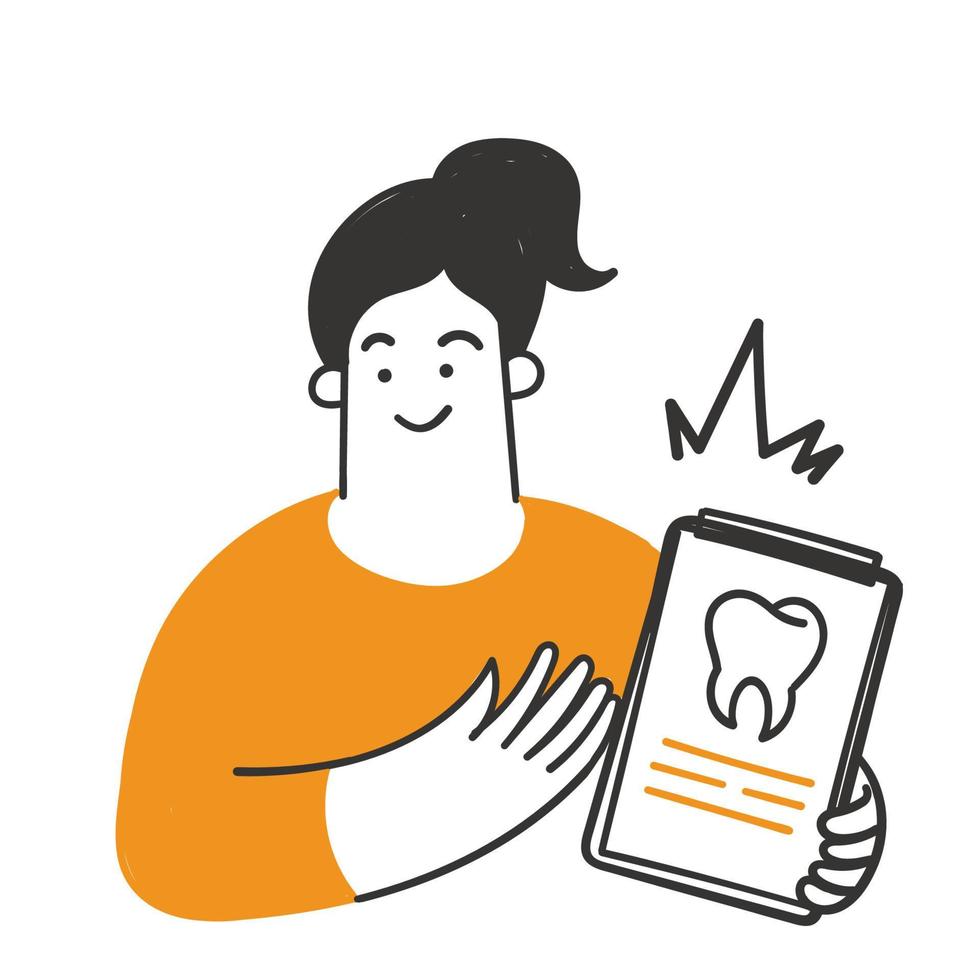 pessoa desenhada de mão segurando a prancheta com ilustração de dados do dente vetor