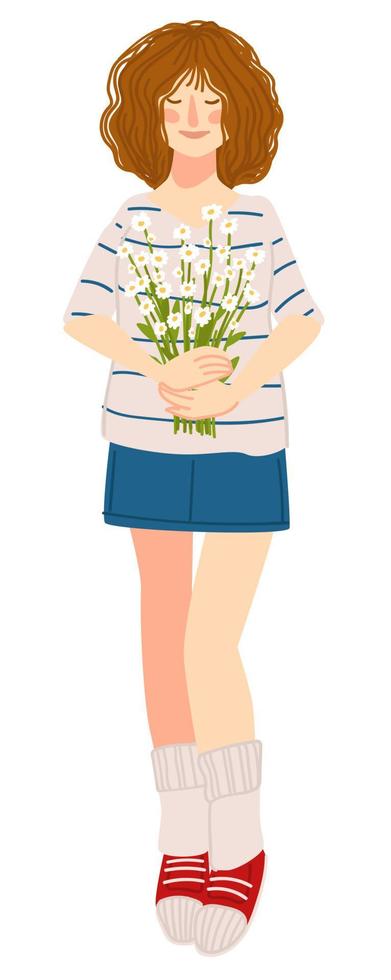 jovem adolescente segurando flores da primavera na mão vetor