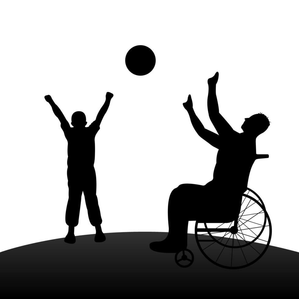 homem com deficiência em cadeira de rodas jogando bola com criança. conceito de família feliz. vetor