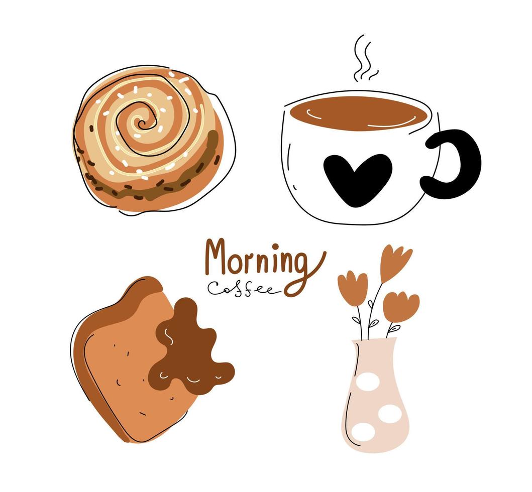 café da manhã juntos casal feliz de manhã de fim de semana, café da manhã, ilustração vetorial de doodle. vetor