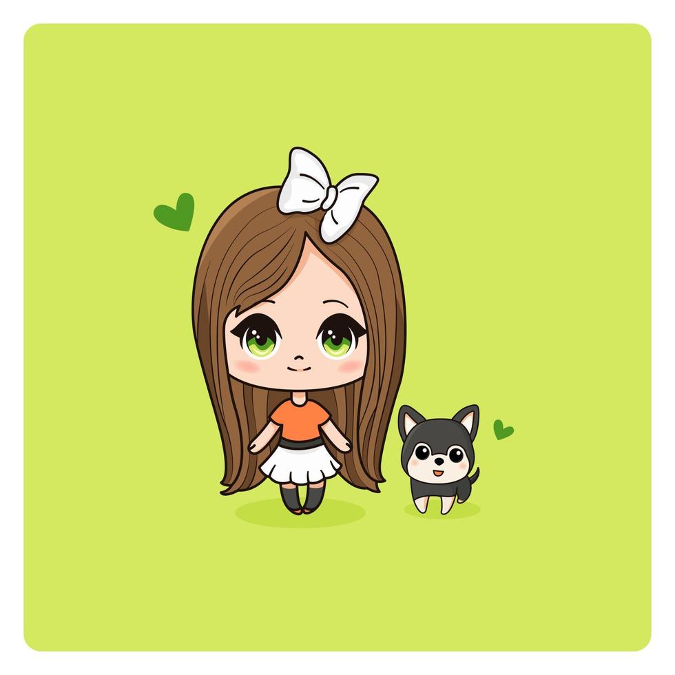 garota chibi fofa e kawaii. menina chibi com cachorrinho de desenho animado no estilo mangá. menina isolada e cachorro no pano de fundo. ilustração vetorial. vetor