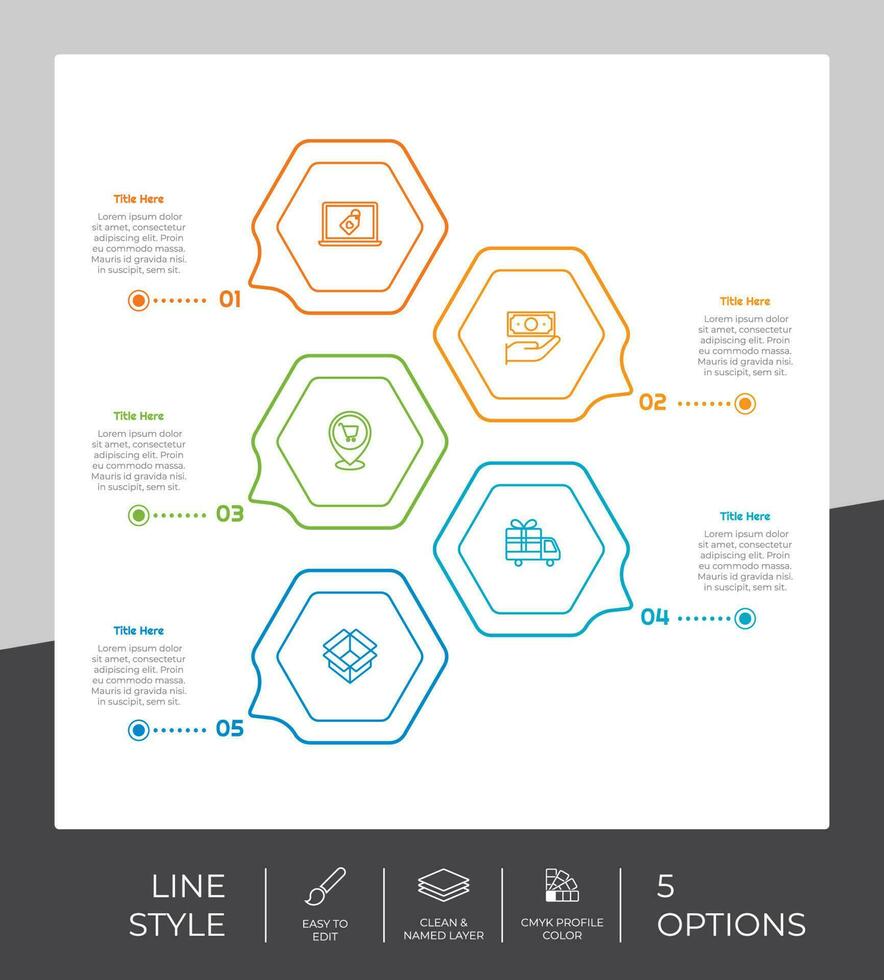 design de vetor infográfico de fluxo de trabalho com 5 etapas e design moderno. O infográfico de etapas pode ser usado para apresentação, relatório anual e fins comerciais.