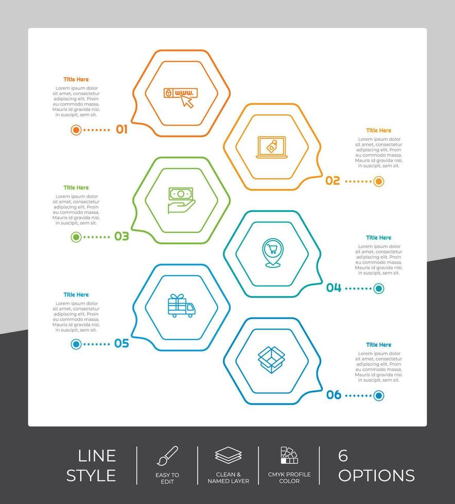 design de vetor infográfico de fluxo de trabalho com 6 etapas e design de linha. O infográfico de etapas pode ser usado para apresentação, relatório anual e fins comerciais.