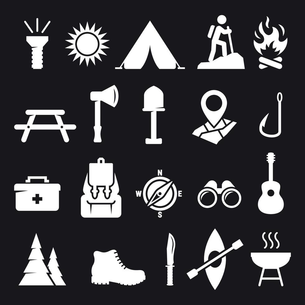 conjunto de ícones de acampamento. branco em um fundo preto vetor