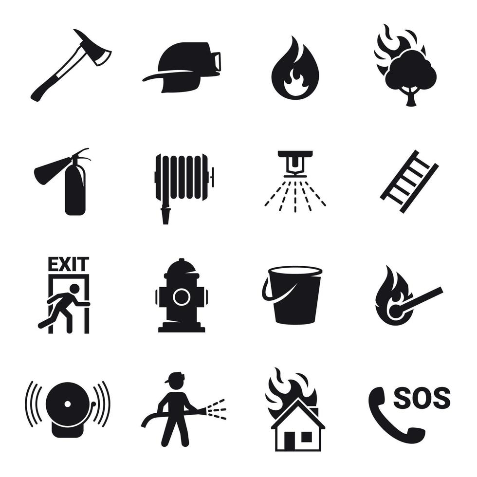 conjunto de ícones de emergência de incêndio. preto em um fundo branco vetor