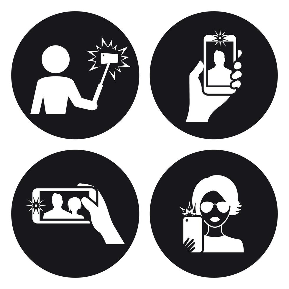 conjunto de ícones de selfie. branco em um fundo preto vetor