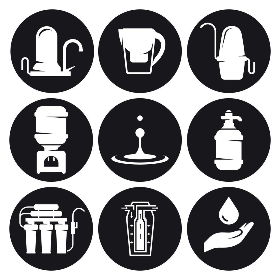 tratamento de água, conjunto de ícones de filtro. branco em um fundo preto vetor