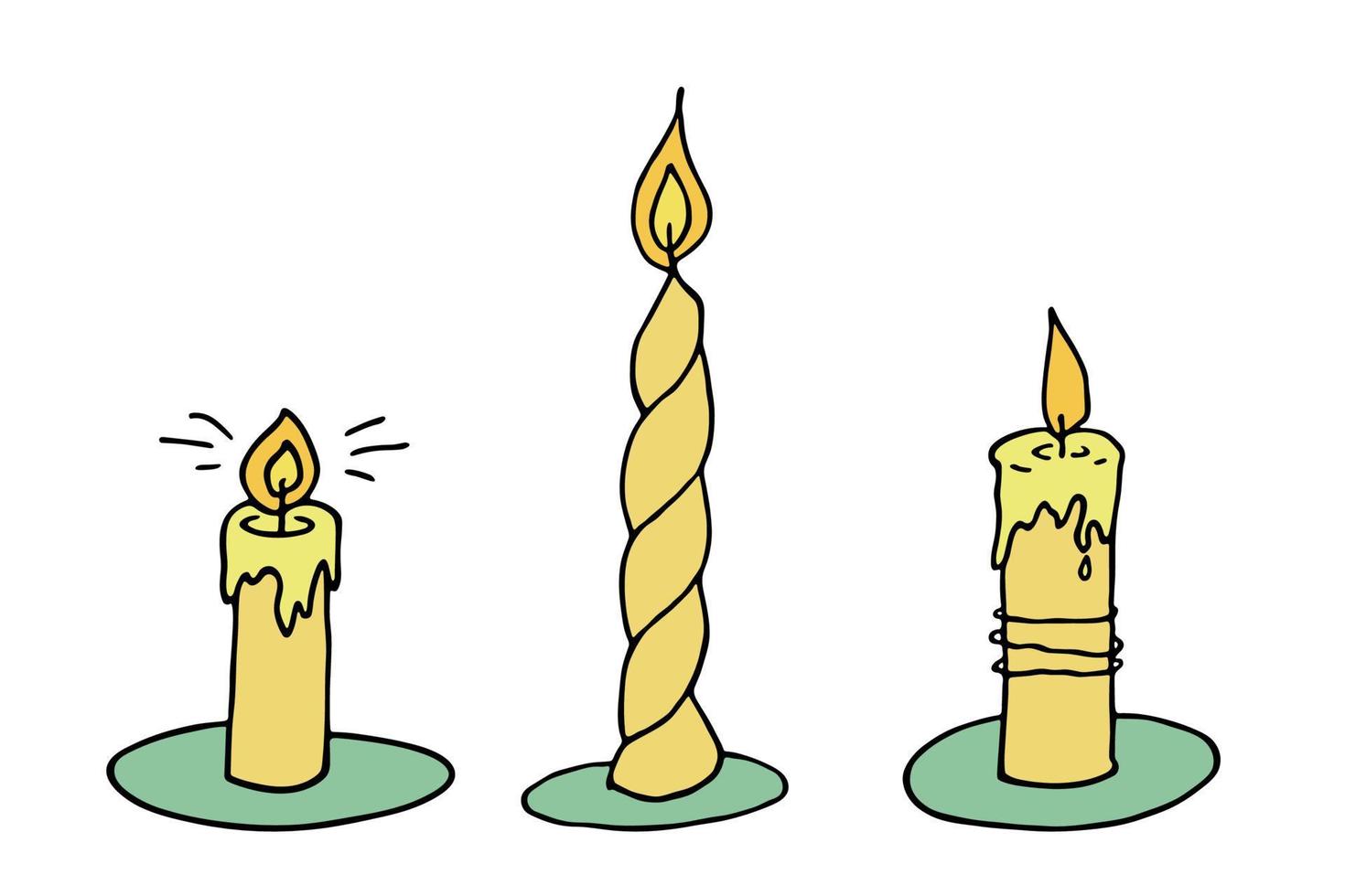 conjunto de velas acesas. ilustração de rabiscos. clipart desenhado à mão para cartão, logotipo, design vetor