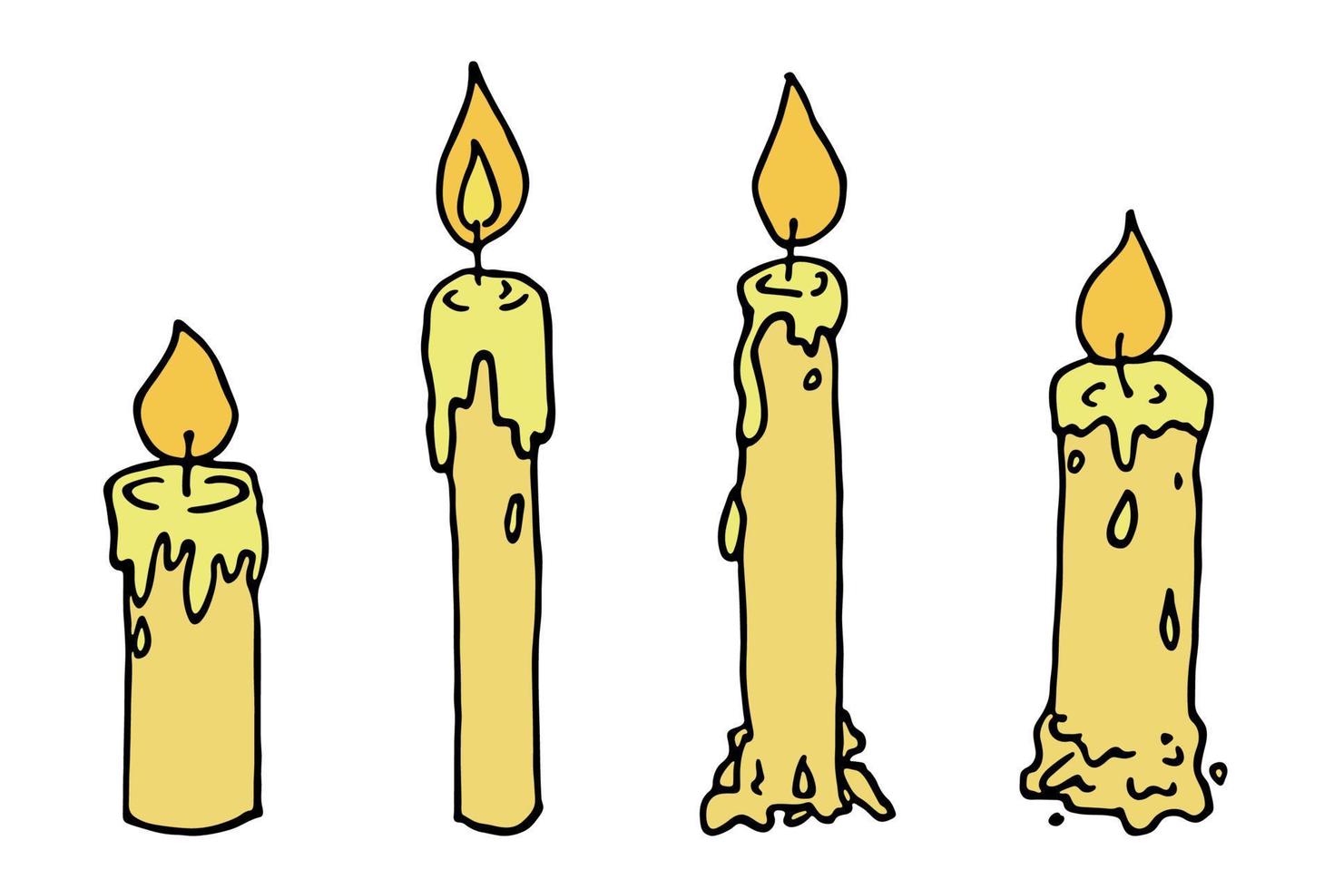 conjunto de velas acesas. ilustração de rabiscos. clipart desenhado à mão para cartão, logotipo, design vetor