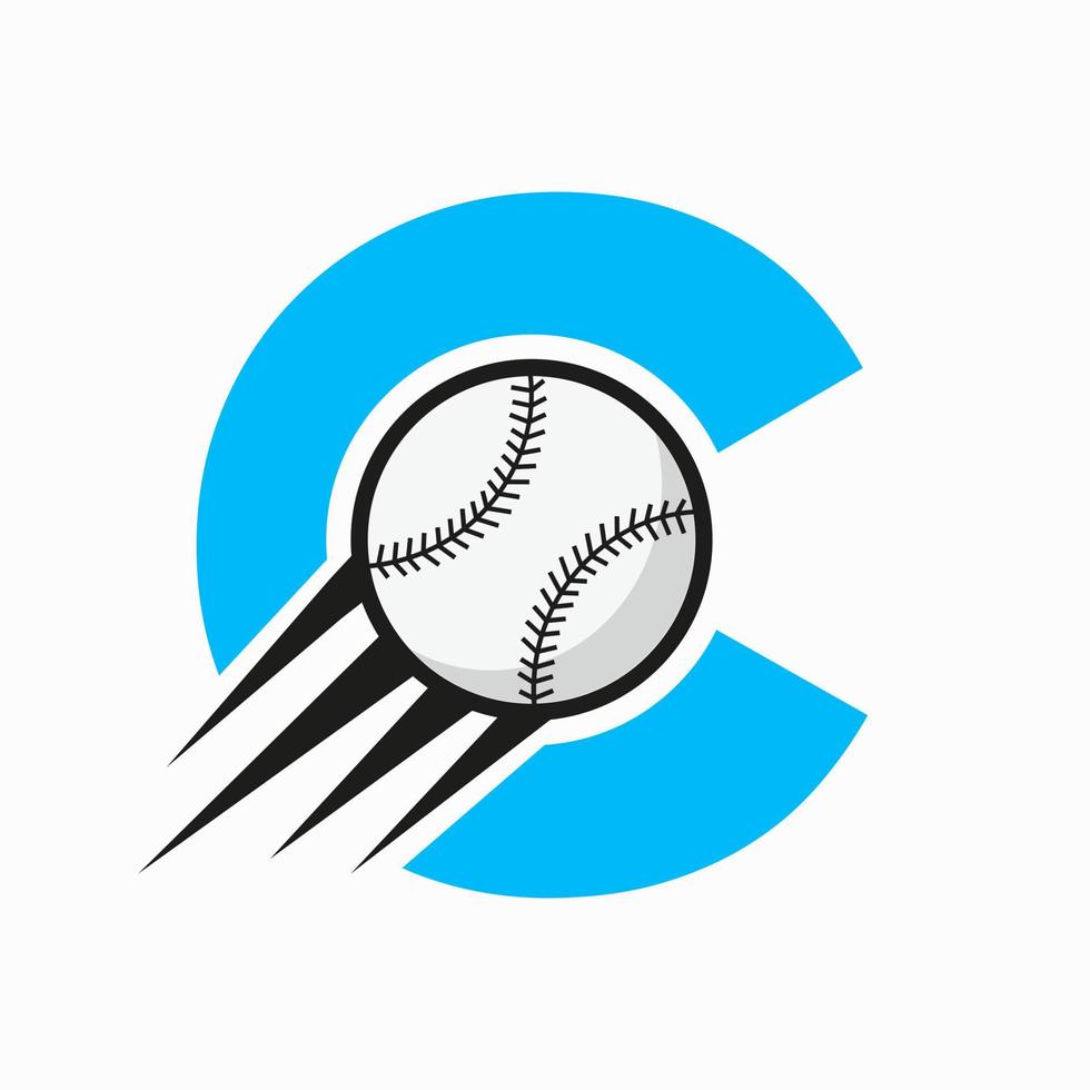 conceito de logotipo de beisebol de letra inicial c com modelo de vetor de ícone de beisebol em movimento