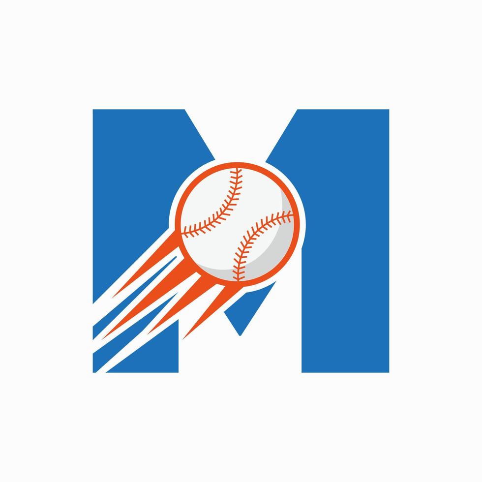 conceito de logotipo de beisebol de letra inicial m com modelo de vetor de ícone de beisebol em movimento