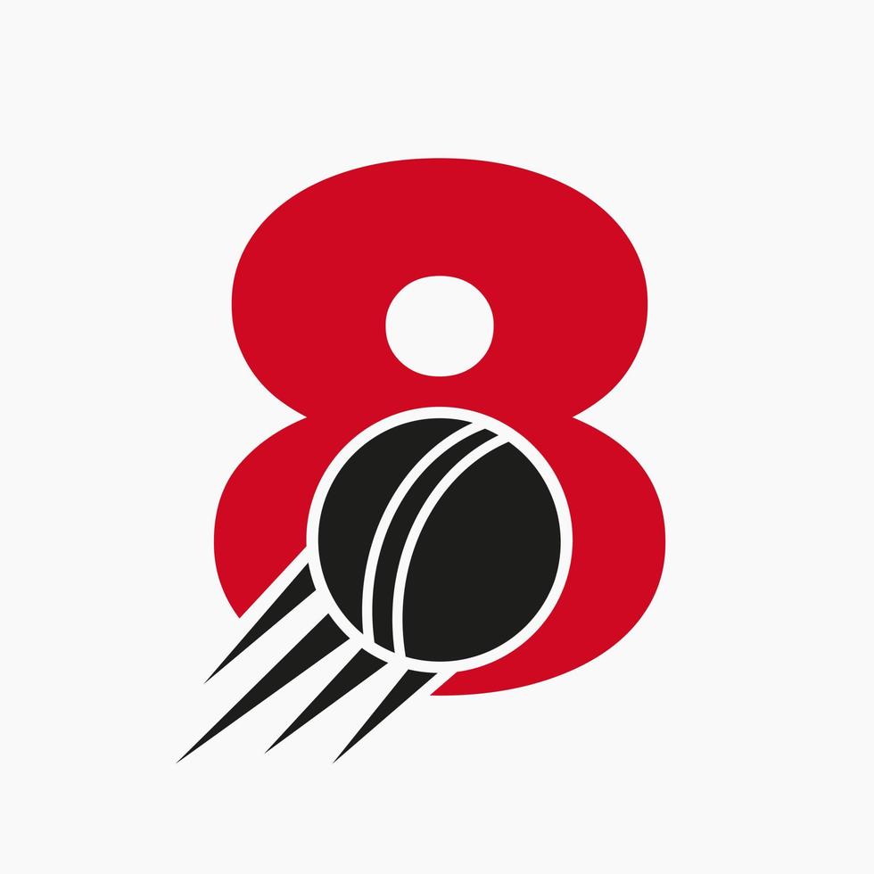 letra 8 conceito de logotipo de críquete com ícone de bola de críquete em movimento. modelo de vetor de símbolo de logotipo de esportes de críquete