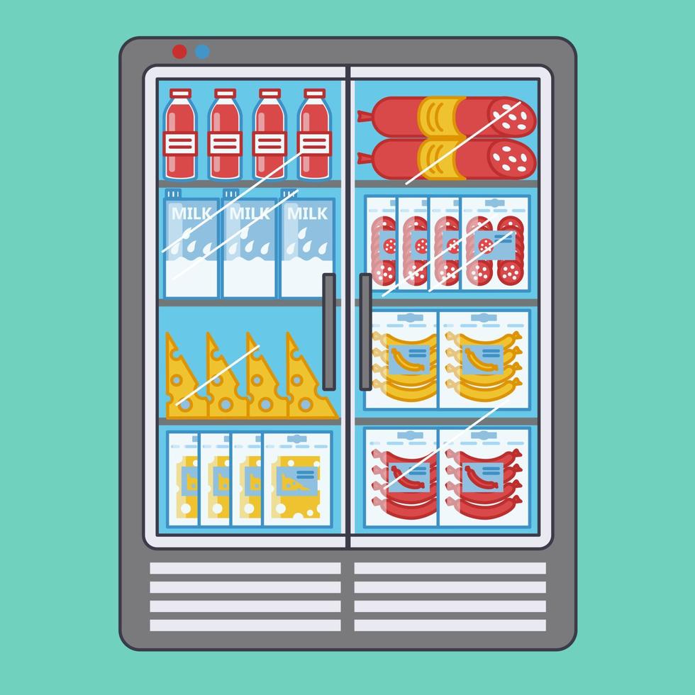 geladeira de supermercado com variedade de produtos. suco, leite, salsicha, queijo. ilustração vetorial no estilo cartoon vetor