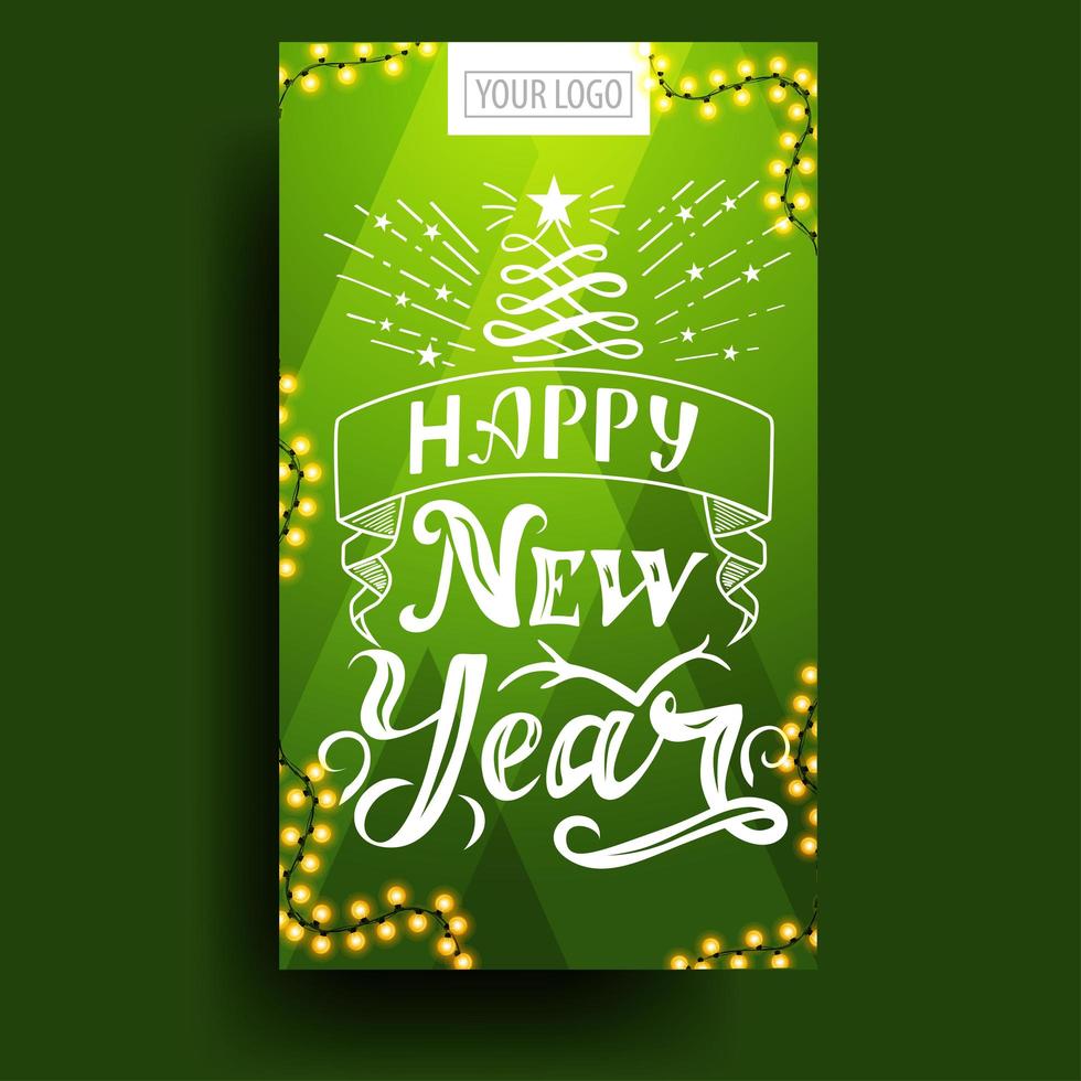 feliz ano novo, cartão verde vertical com belas letras vetor