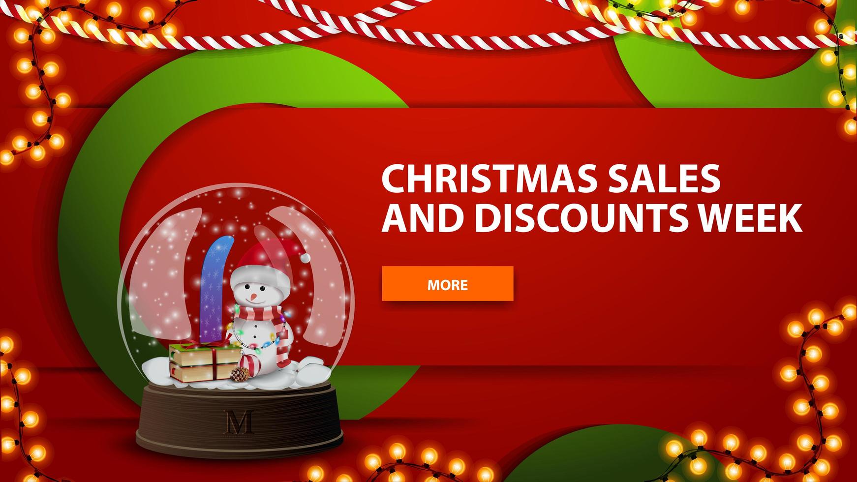 semana de vendas e desconto de natal, banner web moderno horizontal brilhante vermelho com botão e globo de neve com boneco de neve vetor