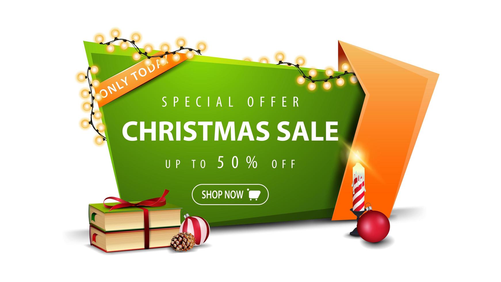 oferta especial, liquidação de natal, desconto de até 50, banner de desconto verde em estilo cartoon com guirlanda, livros de natal, vela, bola de natal e cone vetor