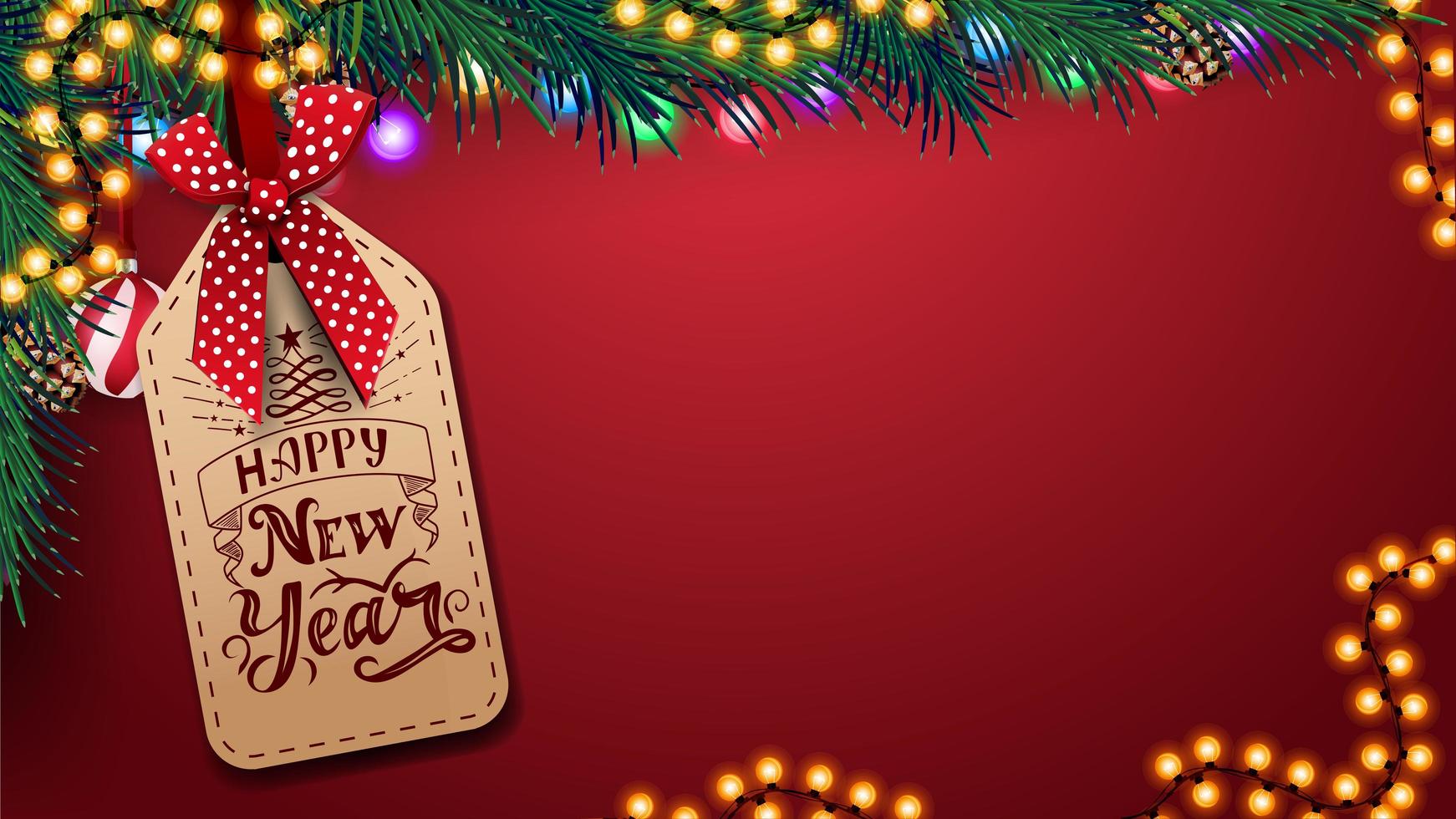 modelo vermelho para cartão com espaço de cópia, belas letras na etiqueta de preço, árvore de Natal e festão vetor