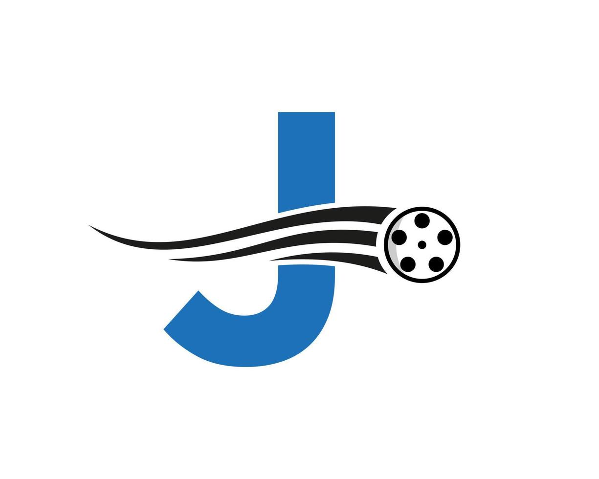 conceito de logotipo de filme de letra inicial j com bobina de filme para sinal de mídia, modelo de vetor de símbolo de diretor de filme
