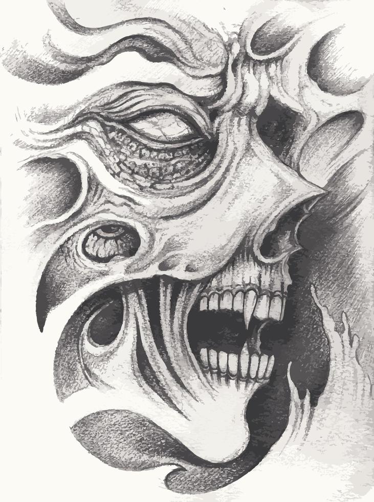 arte tatuagem de caveira surreal. desenho à mão e fazer vetor gráfico.