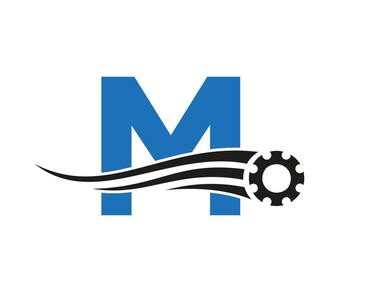 logotipo da roda dentada da letra m. ícone industrial automotivo, logotipo da engrenagem, símbolo de reparo do carro vetor