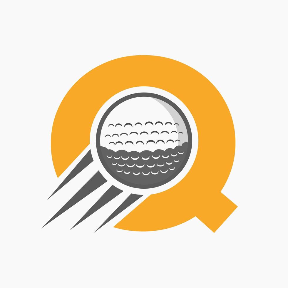 conceito de logotipo de golfe de letra q com ícone de bola de golfe em movimento. modelo de vetor de símbolo de logotipo de esportes de hóquei