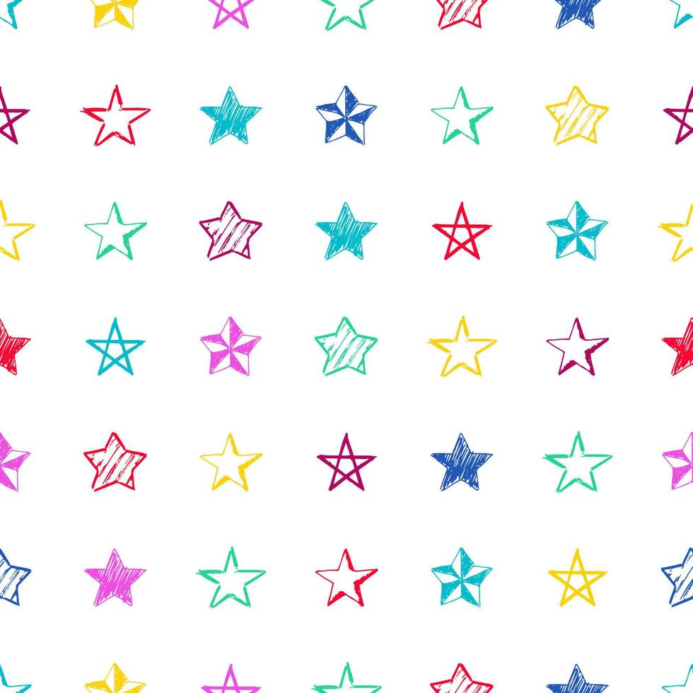 fundo sem emenda de estrelas doodle. estrelas desenhadas à mão multicoloridas em fundo branco. ilustração vetorial vetor