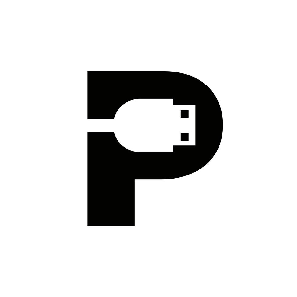 design de símbolo usb de letra inicial p. vetor de ícone de cabo usb de conexão de computador