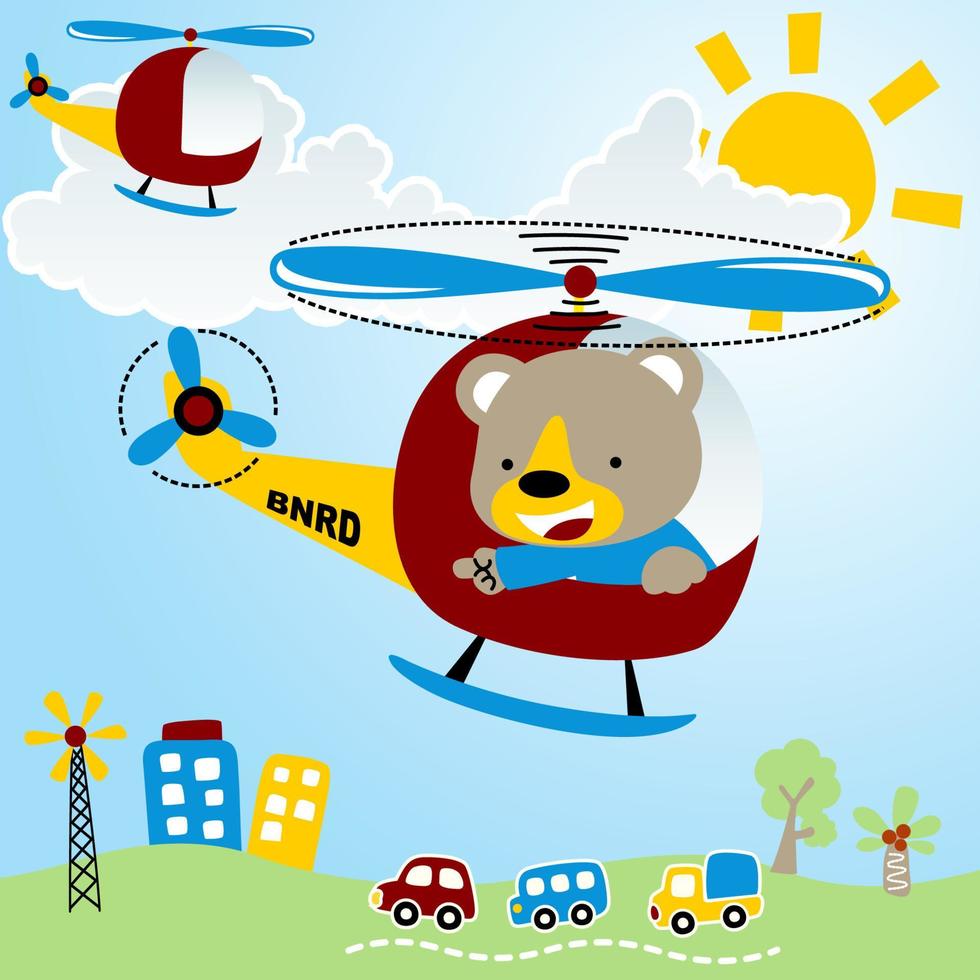 urso fofo em helicóptero voando pela cidade pequena, ilustração de desenho vetorial vetor