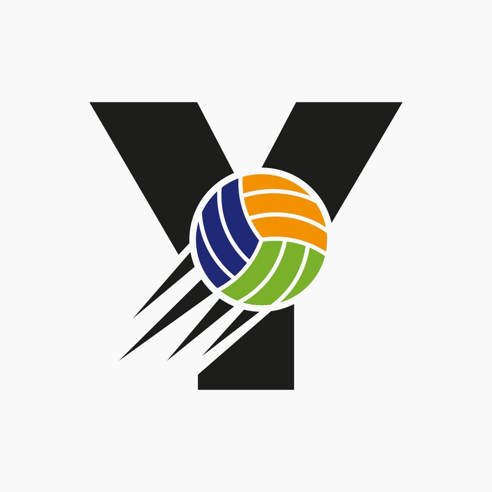 conceito de logotipo de vôlei de letra inicial y com ícone de bola de vôlei em movimento. modelo de vetor de símbolo de logotipo de esportes de vôlei