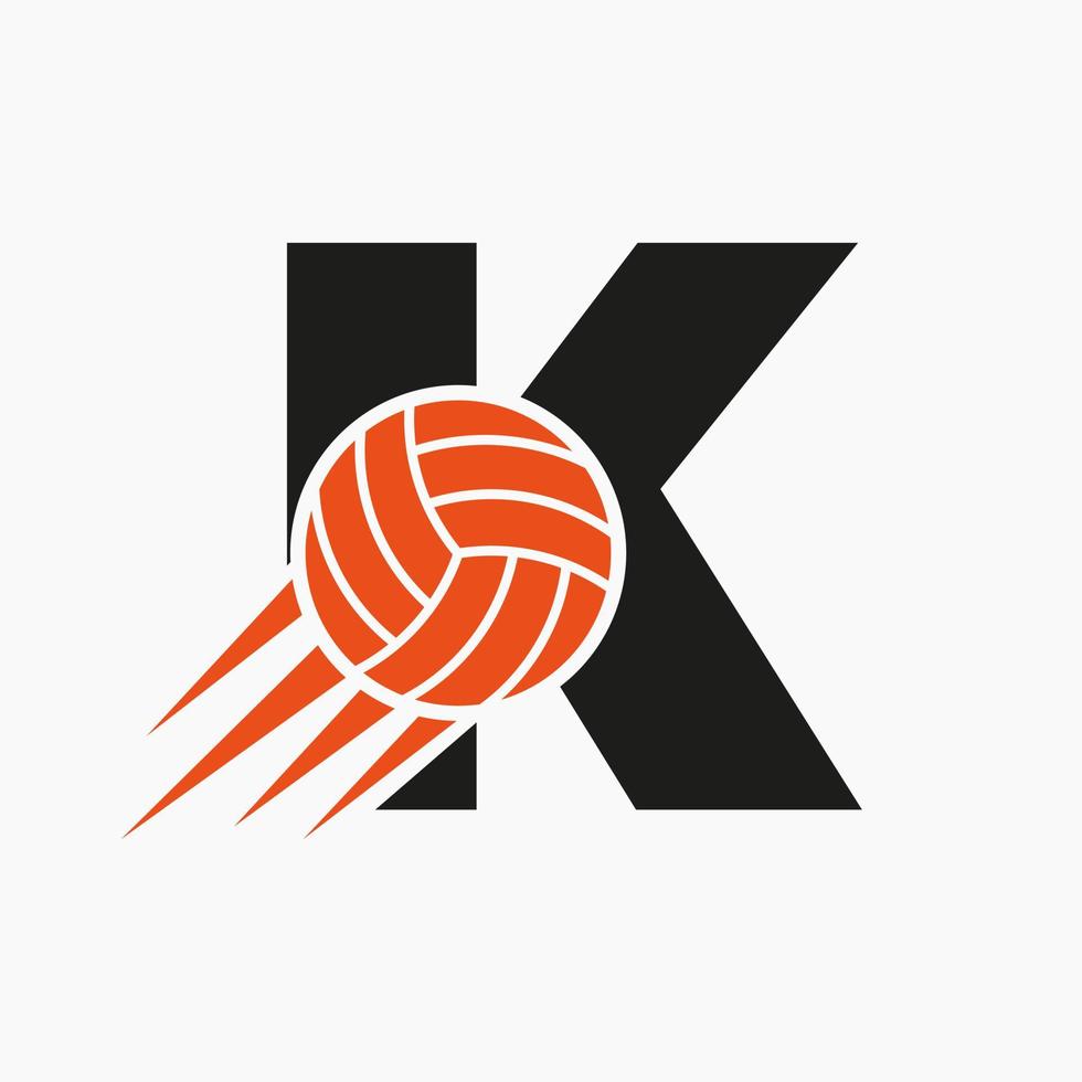 conceito de logotipo de vôlei de letra inicial k com ícone de bola de vôlei em movimento. modelo de vetor de símbolo de logotipo de esportes de vôlei