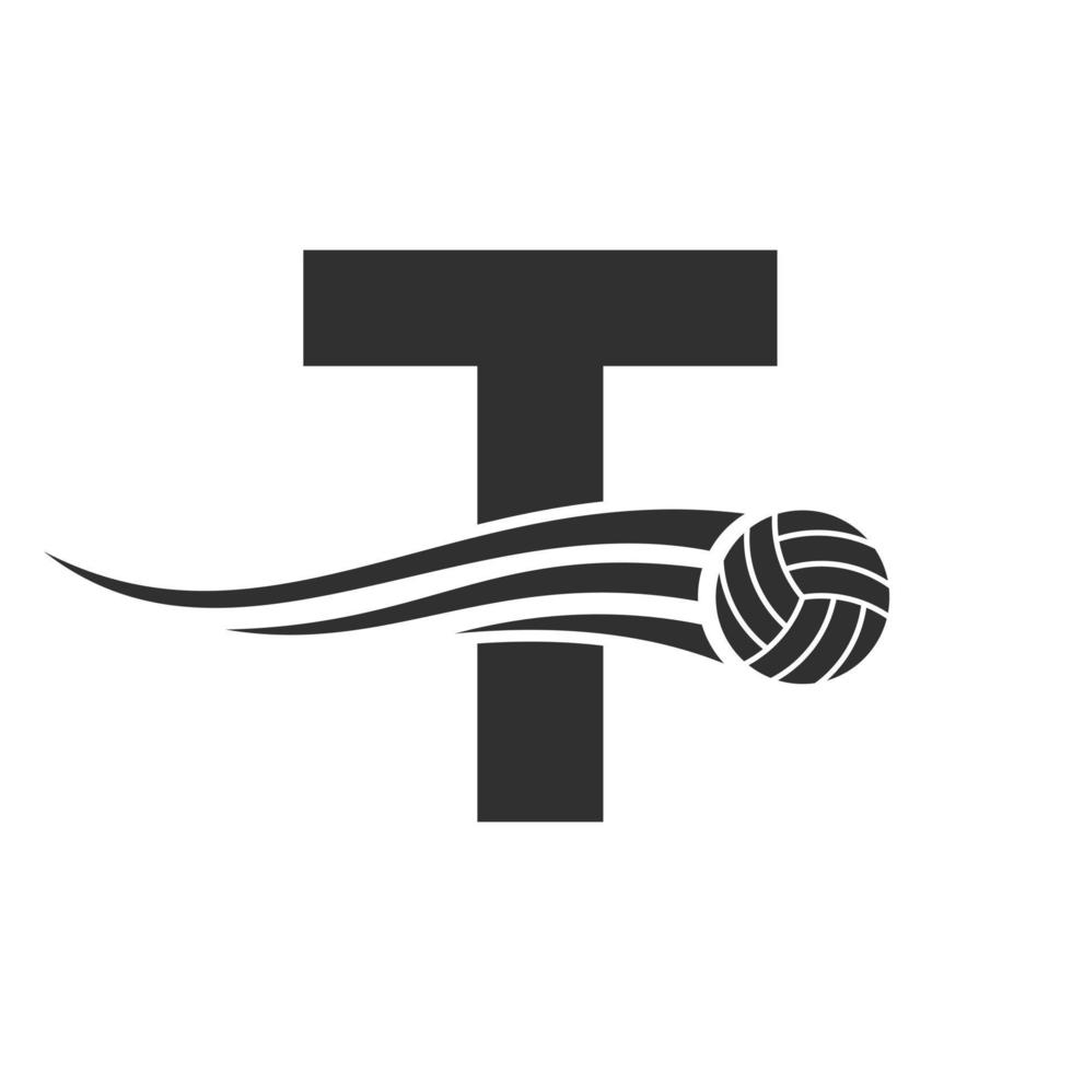 conceito de logotipo de vôlei de letra inicial t com ícone de bola de vôlei em movimento. modelo de vetor de símbolo de logotipo de esportes de vôlei