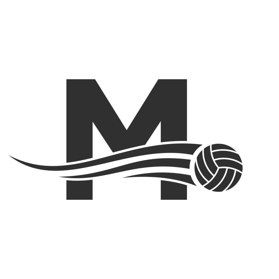 conceito de logotipo de vôlei de letra inicial m com ícone de bola de vôlei em movimento. modelo de vetor de símbolo de logotipo de esportes de vôlei