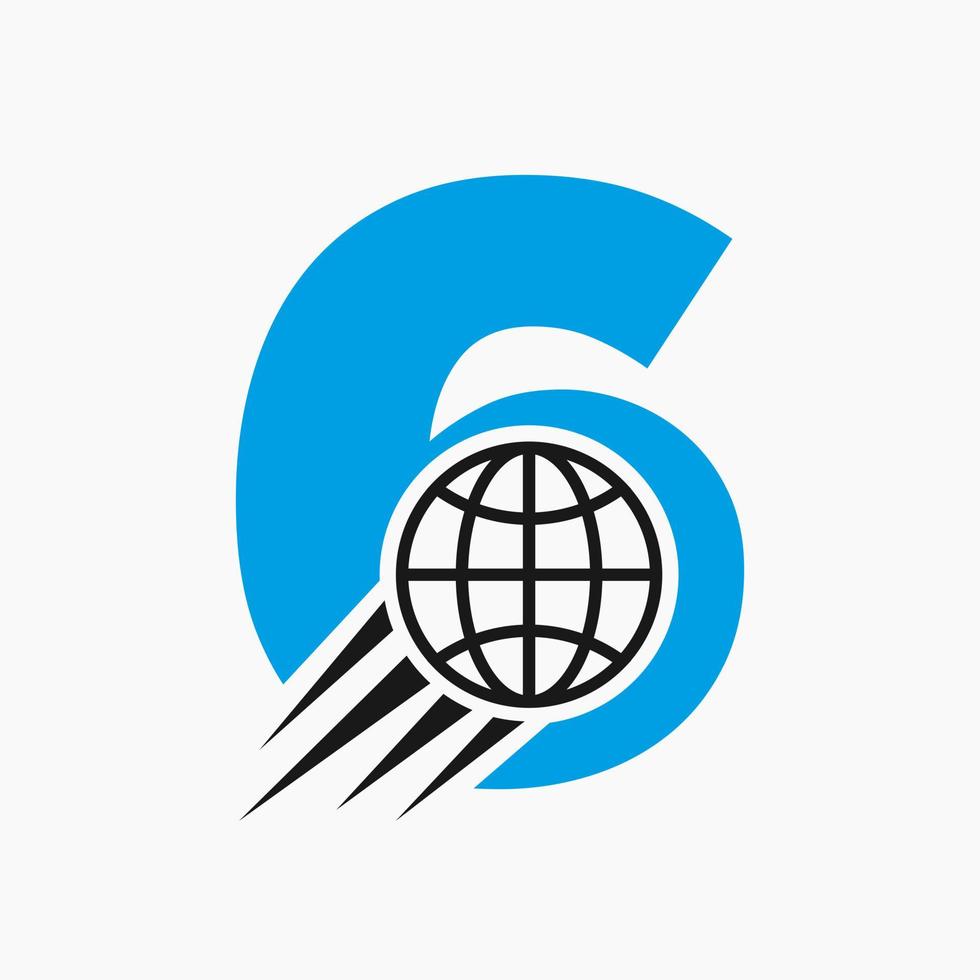 conceito de logotipo global de letra 6 com ícone do mundo em movimento. modelo de vetor de símbolo de logotipo global