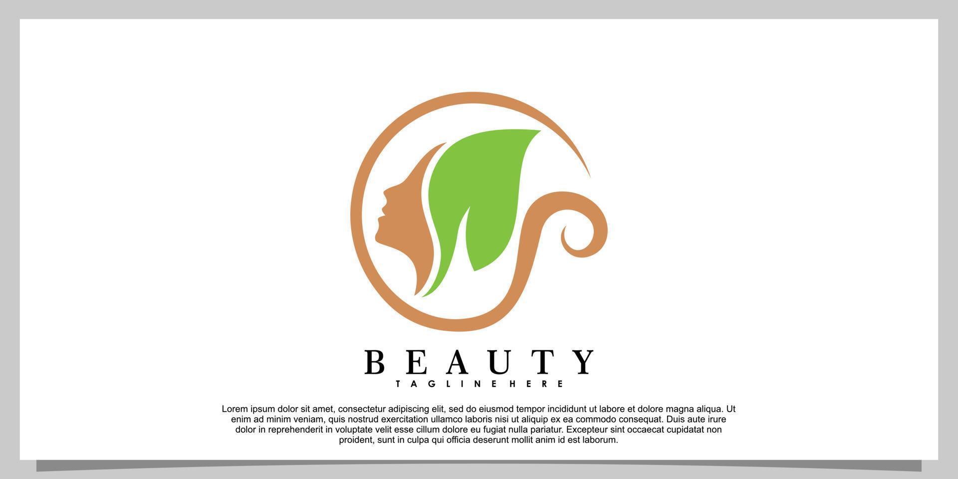 design de logotipo de beleza com mulheres de cabeça e conceito criativo de folha vetor