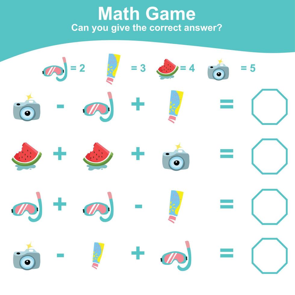 contando itens de verão para a pré-escola. planilha matemática para impressão. jogo de matemática para pré-escola. arquivo vetorial. vetor