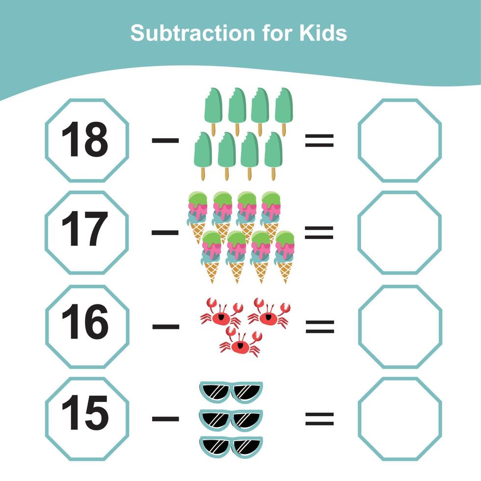 contando itens de verão para a pré-escola. planilha matemática para impressão. jogo de matemática para pré-escola. arquivo vetorial. vetor