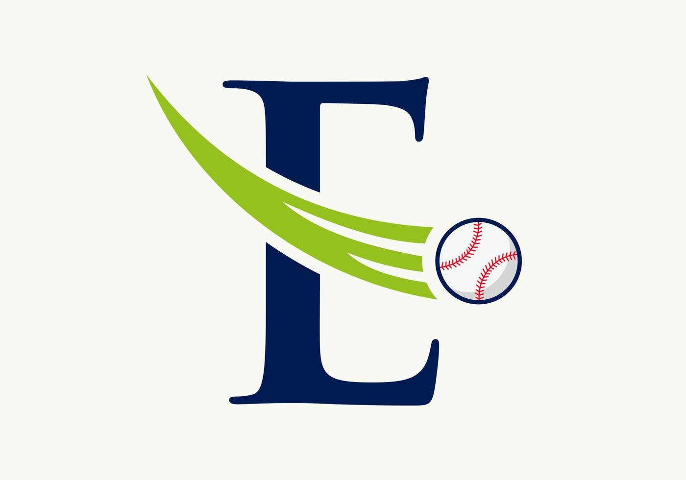 conceito de logotipo de beisebol letra e com modelo de vetor de ícone de beisebol em movimento