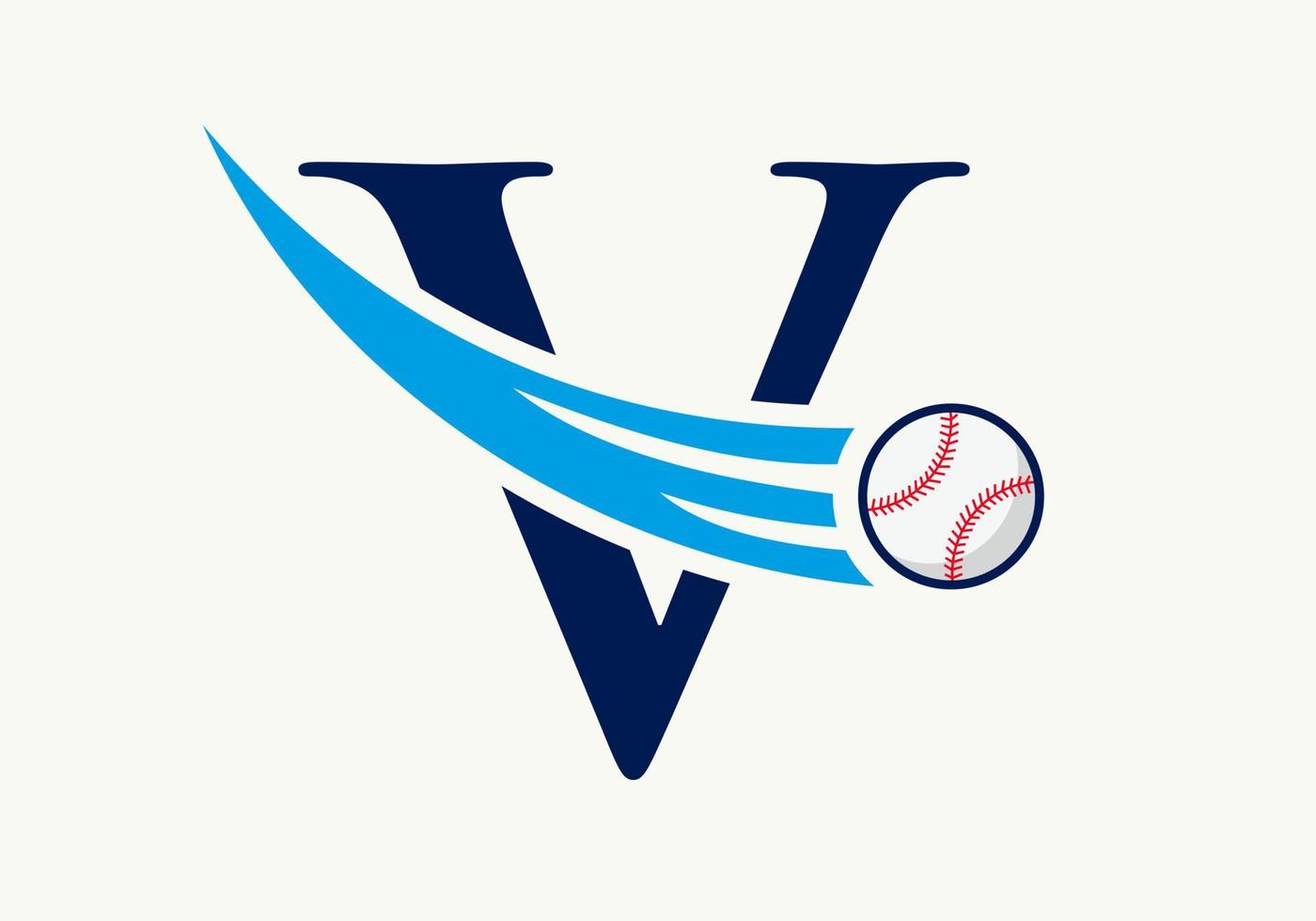 letra v conceito de logotipo de beisebol com modelo de vetor de ícone de beisebol em movimento