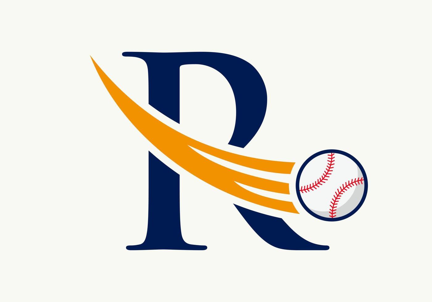 conceito de logotipo de beisebol de letra r com modelo de vetor de ícone de beisebol em movimento