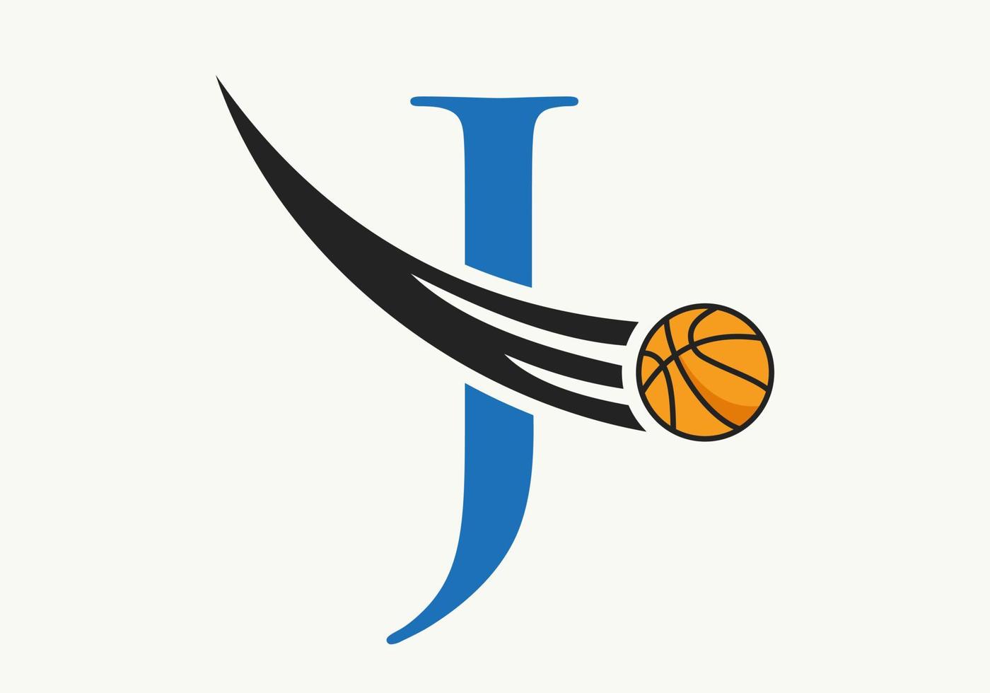 letra inicial j conceito de logotipo de basquete com ícone de basquete em movimento. modelo de vetor de símbolo de logotipo de bola de basquete