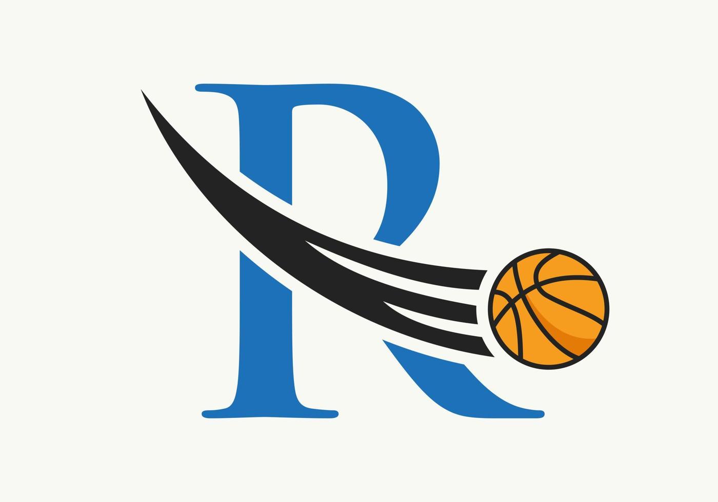 conceito de logotipo de basquete de letra inicial r com ícone de basquete em movimento. modelo de vetor de símbolo de logotipo de bola de basquete