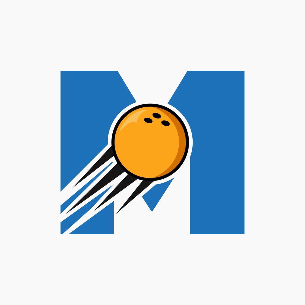 conceito de logotipo de boliche de letra inicial m com ícone de bola de boliche em movimento. modelo de vetor de símbolo de logotipo de esportes de boliche