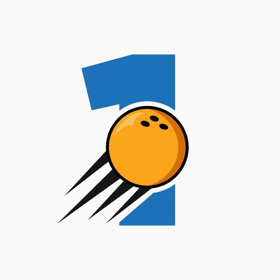 letra inicial 1 conceito de logotipo de boliche com ícone de bola de boliche em movimento. modelo de vetor de símbolo de logotipo de esportes de boliche