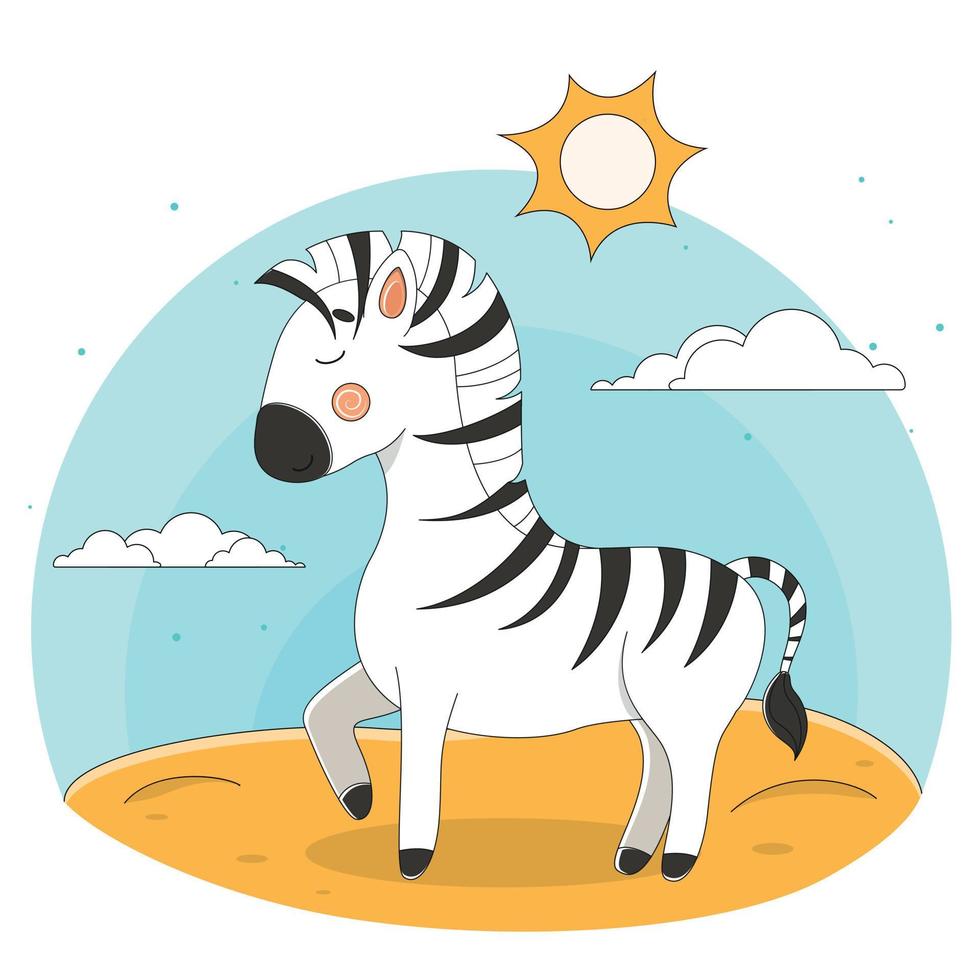 zebra fofa em pé, ilustração vetorial fofa com zebra para roupas de bebê e convites, animal de desenho animado tropical, zebra em estilo simples vetor