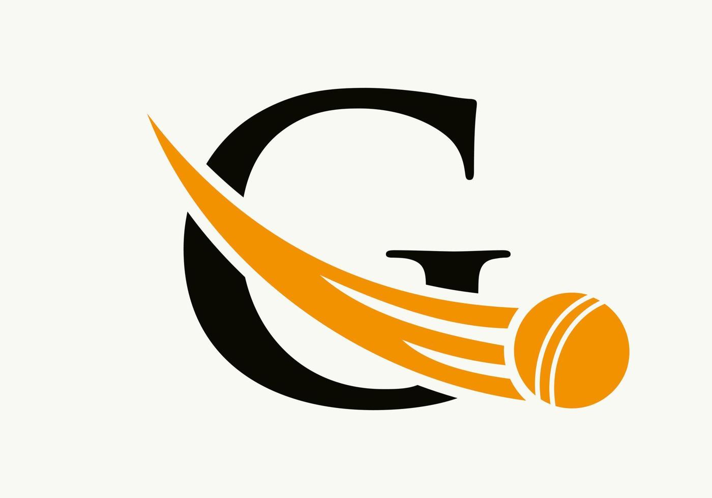 conceito de logotipo de críquete letra g com ícone de bola de críquete em movimento. modelo de vetor de símbolo de logotipo de esportes de críquete