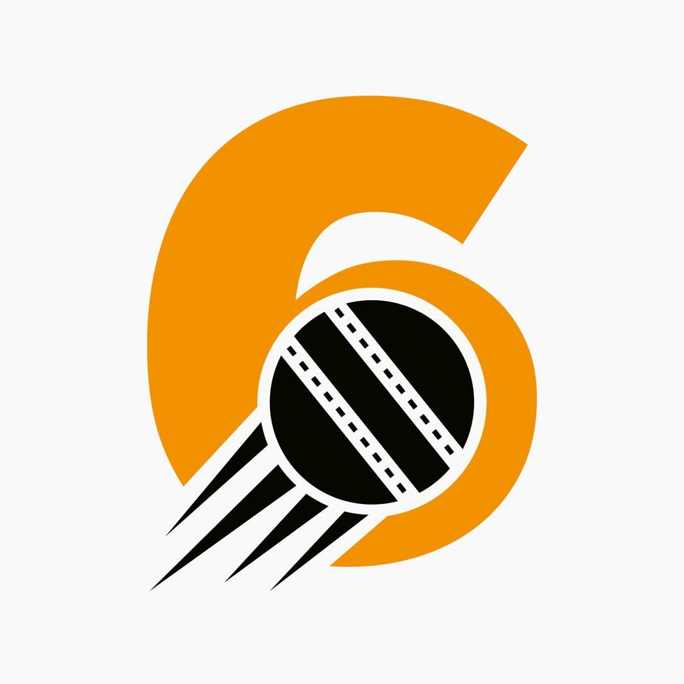 conceito de logotipo de críquete de letra 6 com ícone de bola de críquete em movimento. modelo de vetor de símbolo de logotipo de esportes de críquete