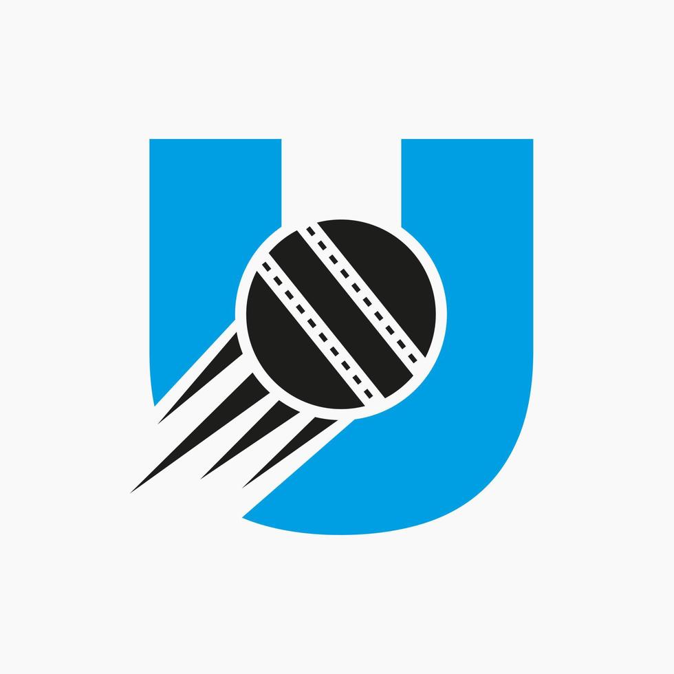 conceito de logotipo de críquete letra u com ícone de bola de críquete em movimento. modelo de vetor de símbolo de logotipo de esportes de críquete