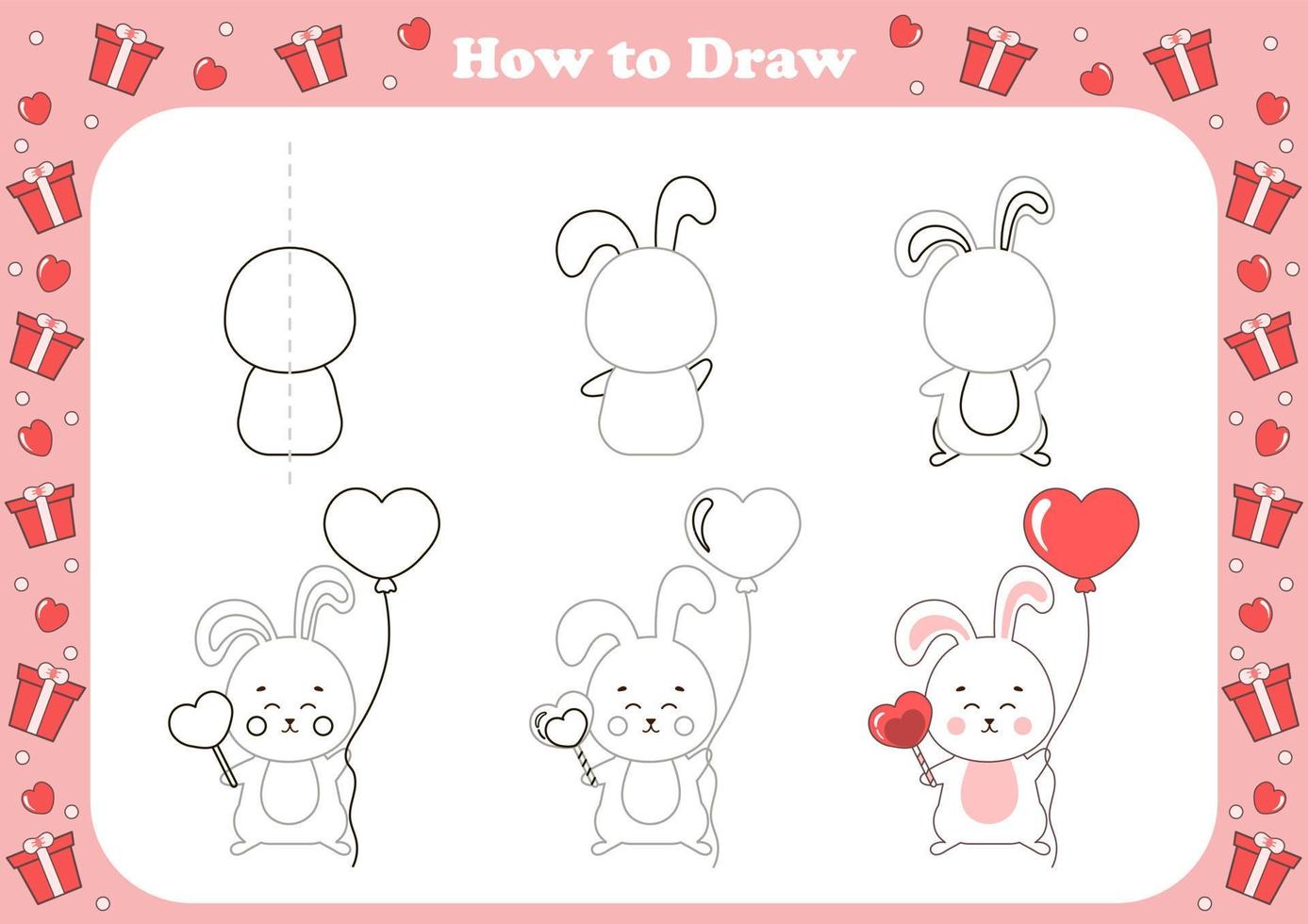 jogo fofo de como desenhar para crianças com personagem temático do dia dos namorados - coelho com balão em forma de coração vetor