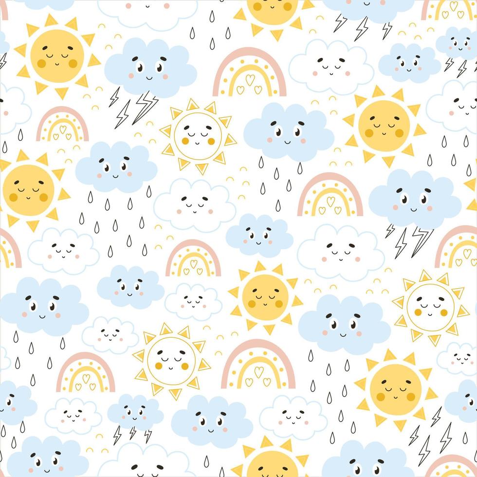 padrão perfeito com ícones do tempo - sol e arco-íris, chuva e trovão em estilo infantil. vetor