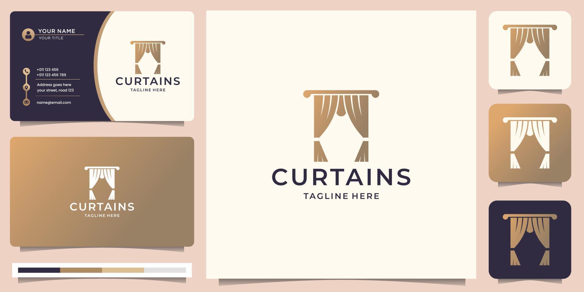 logotipo de cortinas com cor de estilo dourado moderno e design de modelo de cartão de visita. vetor